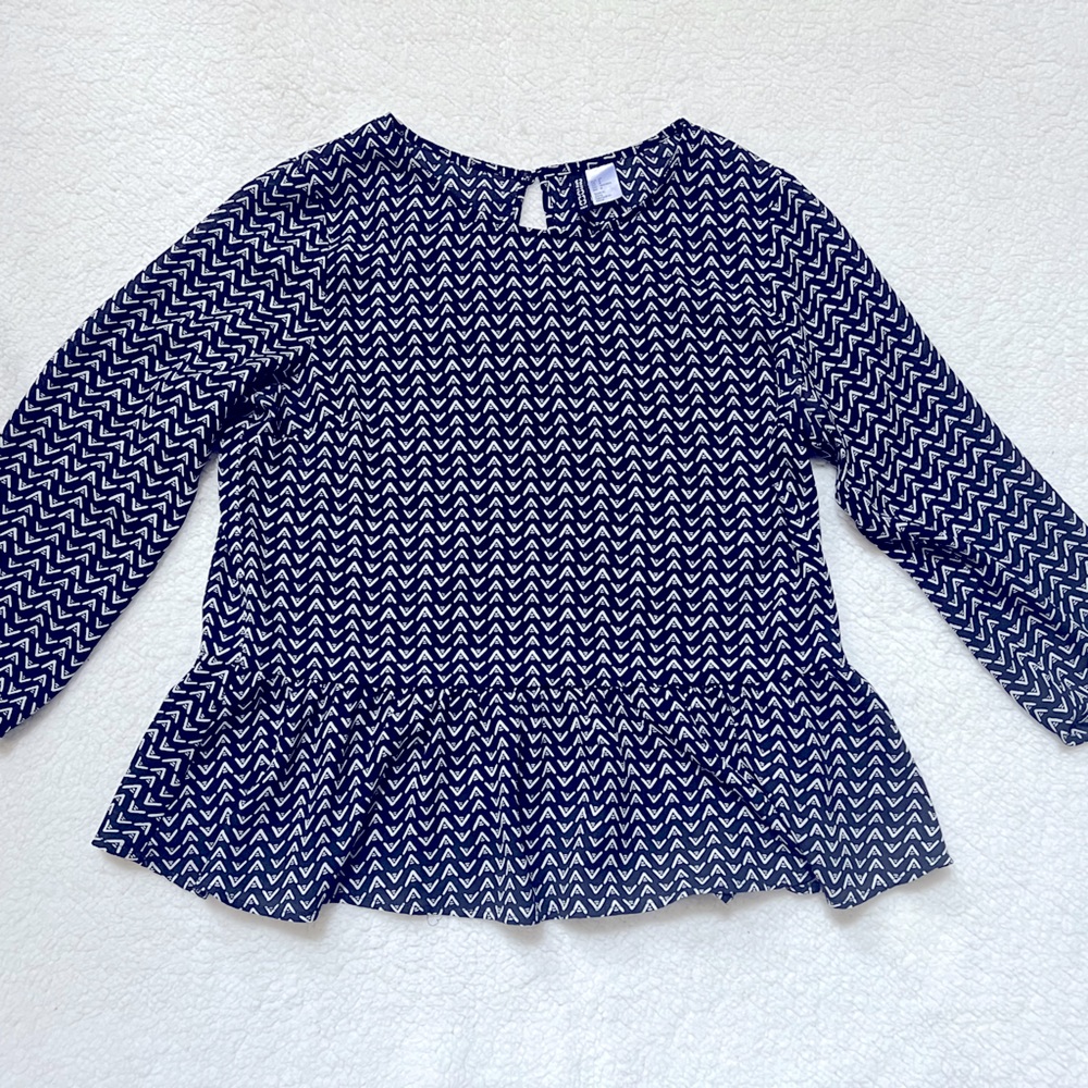 Peplum Navy and White Blouse with Aztec Inspired Print